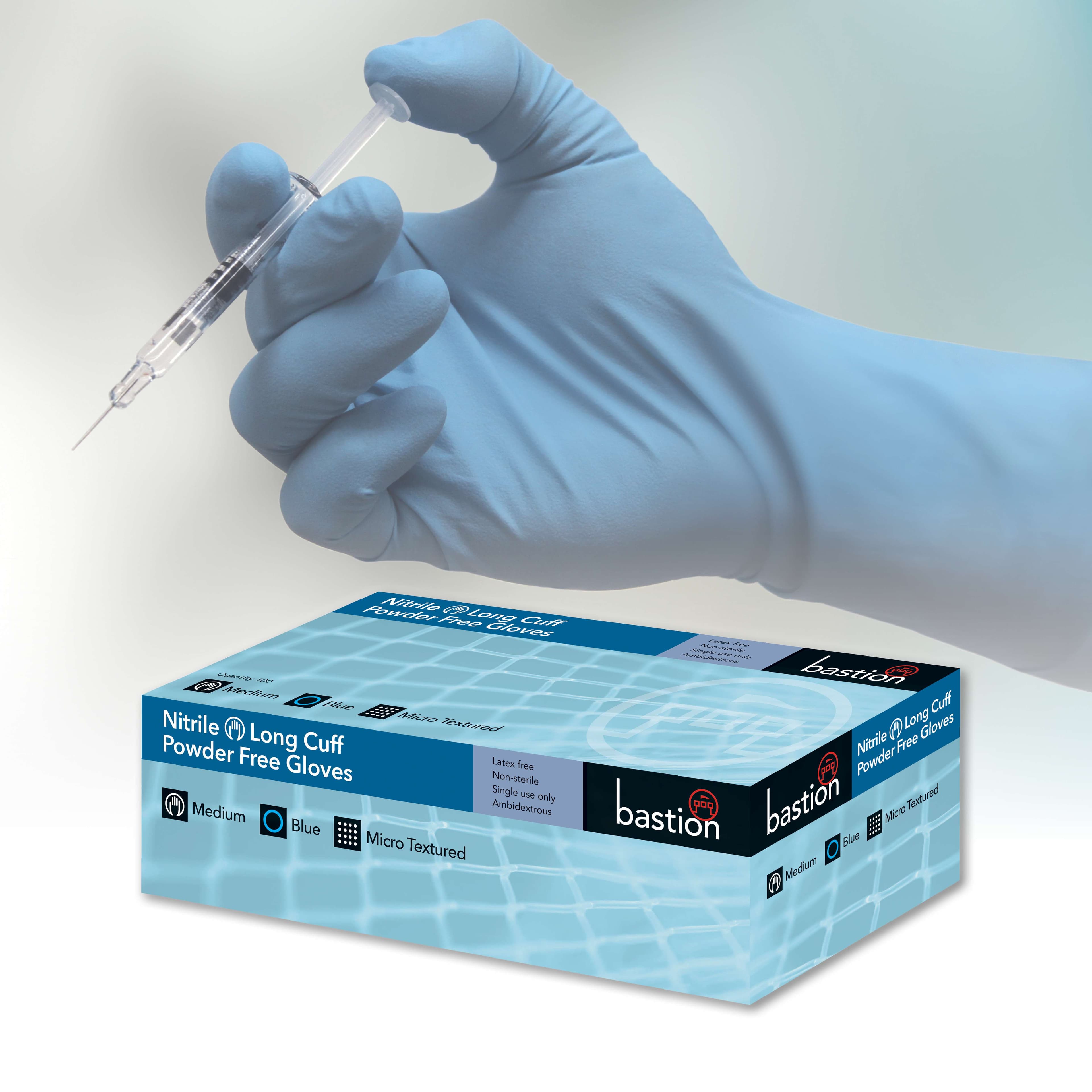 Bastion Nitrile  Blue  Gloves  - 300Mm  Long  Cuff -  Powder  Free - Micro  Textured