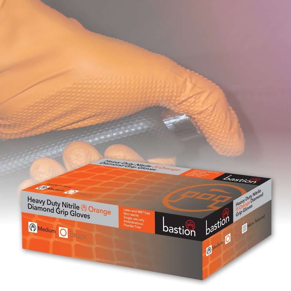 Bastion Heavy  Duty  Nitrile  Diamond  Grip  Orange  -  Powder  Free  Gloves_0