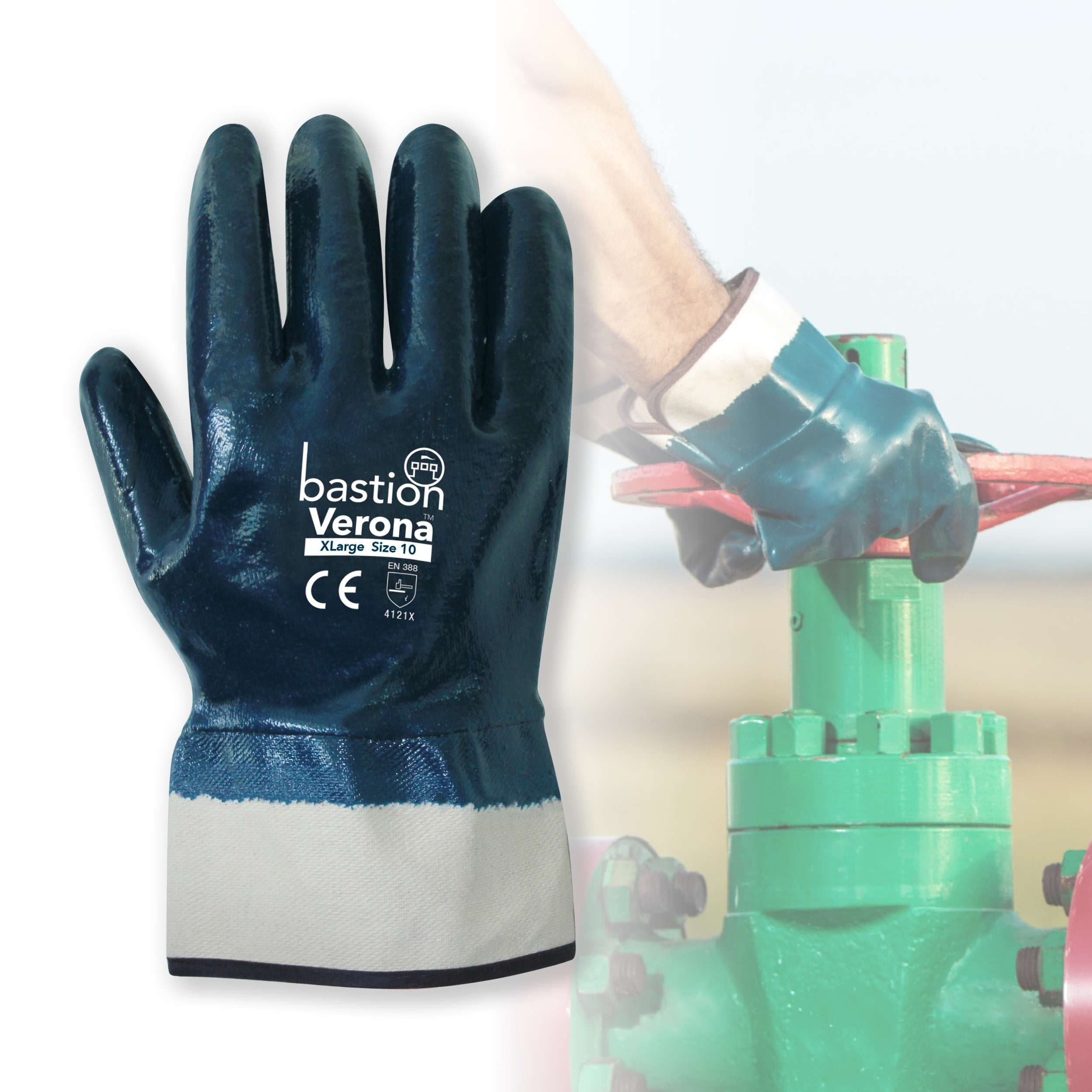 Bastion Verona™  Blue  Nitrile Fully Dipped Jersey Cotton Gloves - Safety Cuff_1