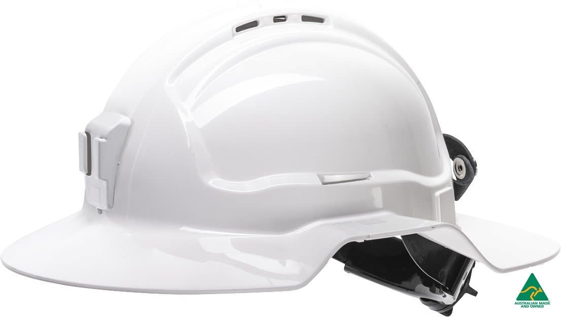 Maxisafe White Broadbrim Hard Hat With Plastic Miners Bracket - Made In Australia