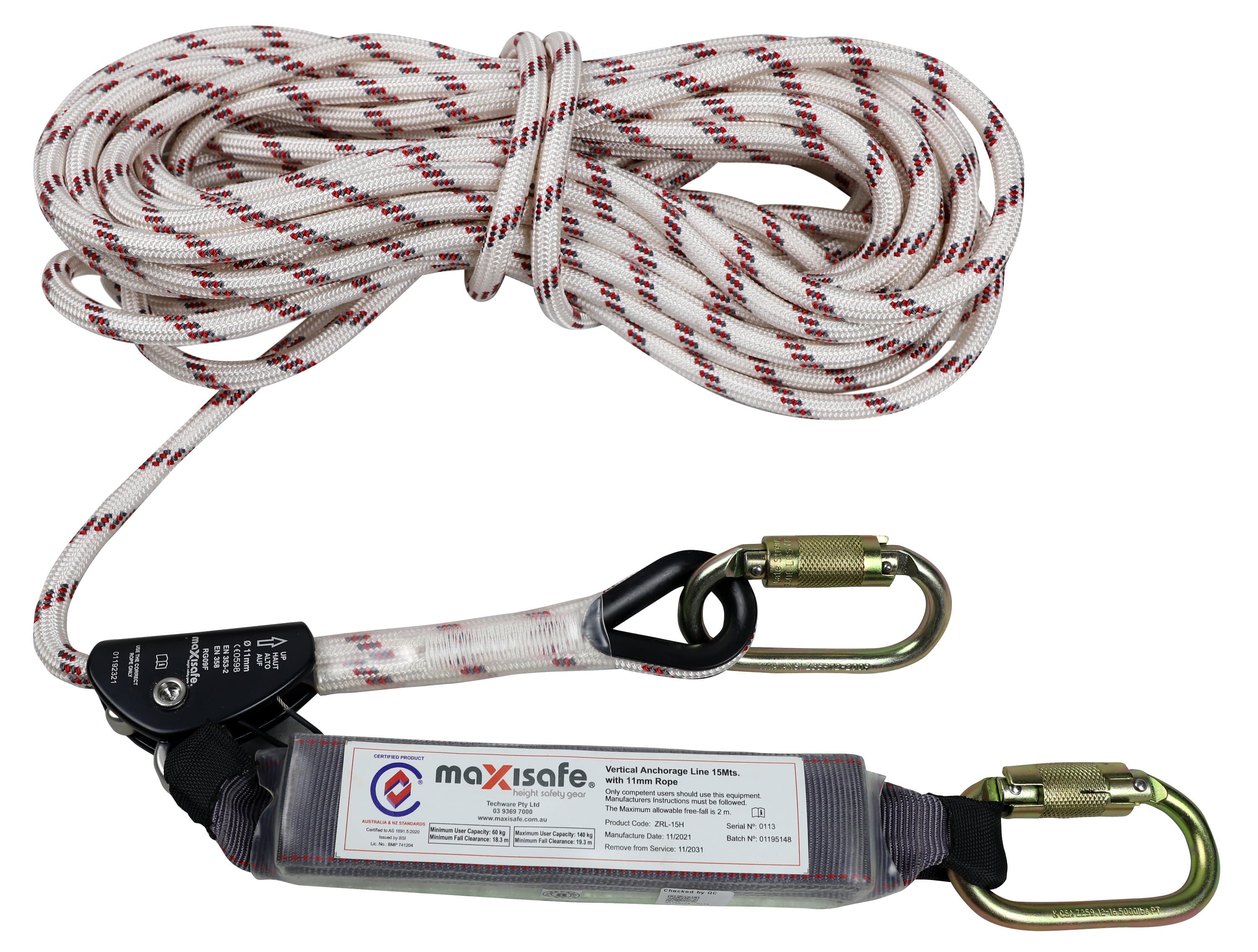 Maxisafe 15M Rope Line With Adjuster & Shock Absorber - 140Kg Rated