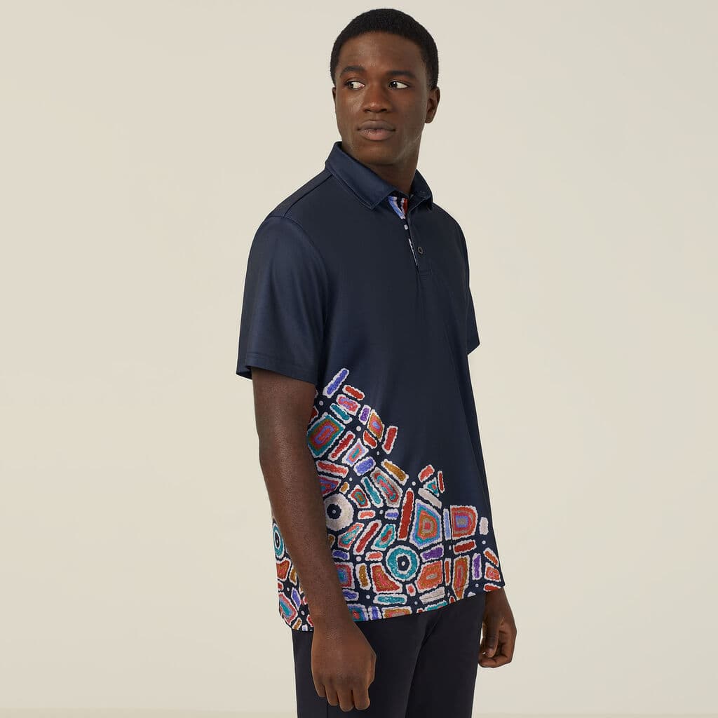 NNT Polyester Knit Water Dreaming Indigenous Print Polo CATJH6 (Navy Print Sublimated)_1