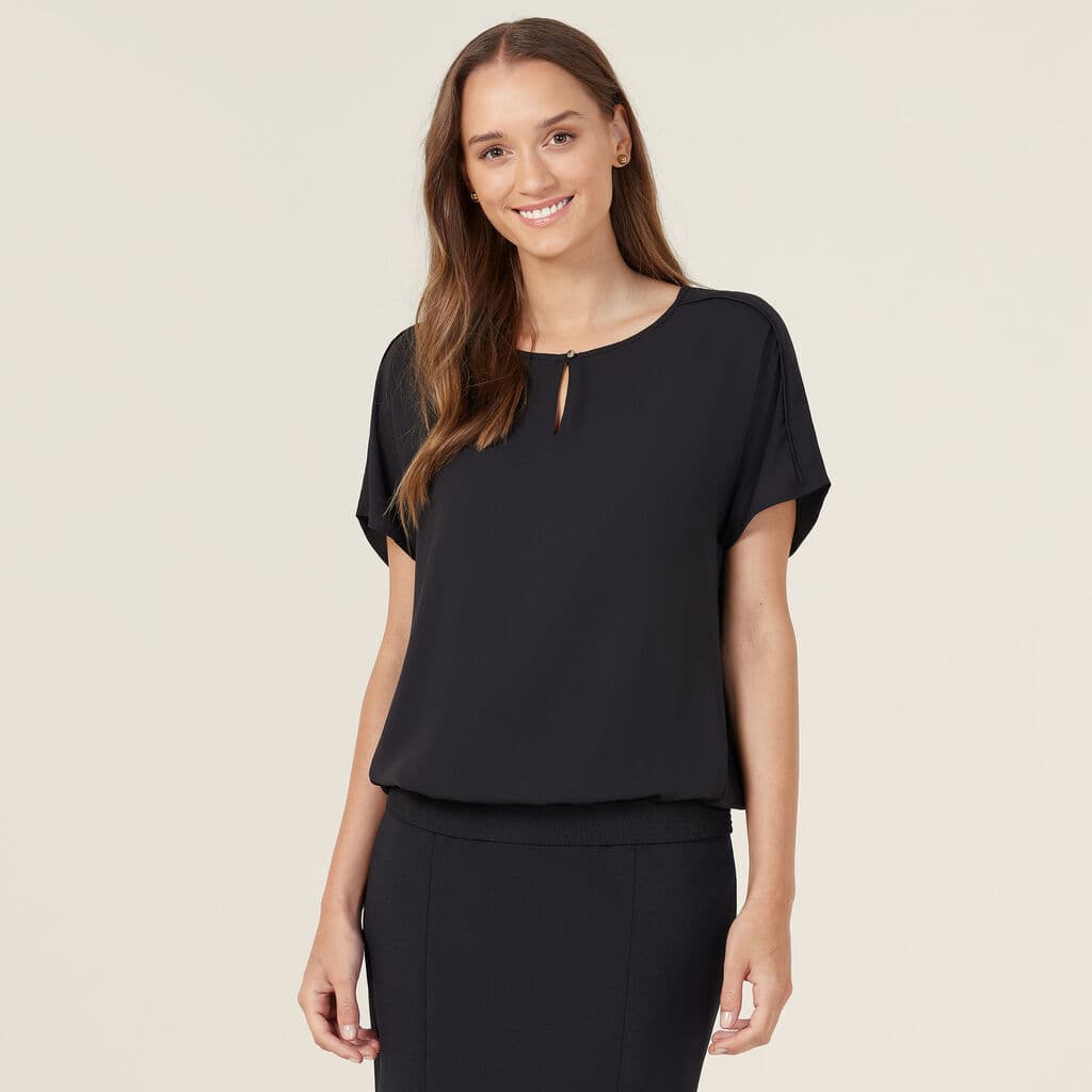 NNT Georgie Short Sleeve Rib Hem Top CATUQT (Black)