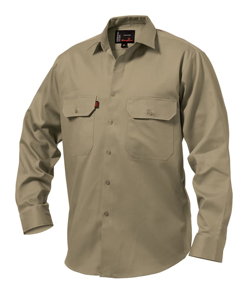 KingGee Mens Open Front Drill Shirt Long Sleeve (Khaki)