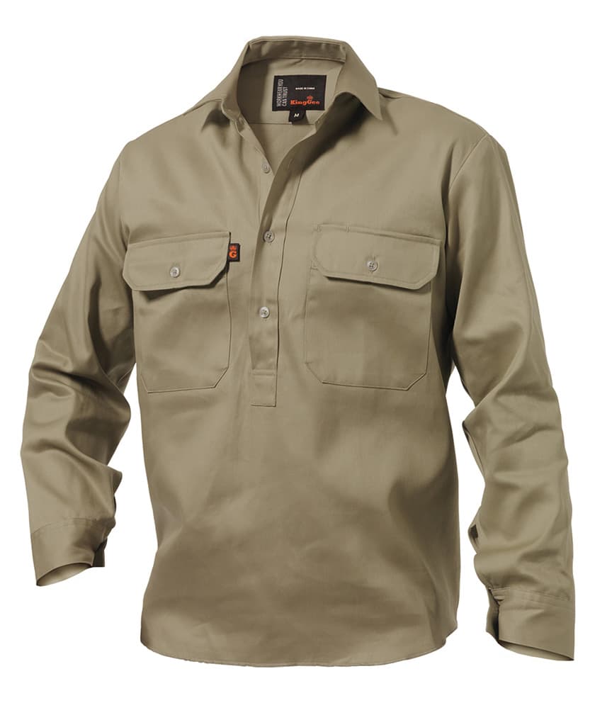 KingGee Mens Closed Front Drill Shirt Long Sleeve (Khaki)