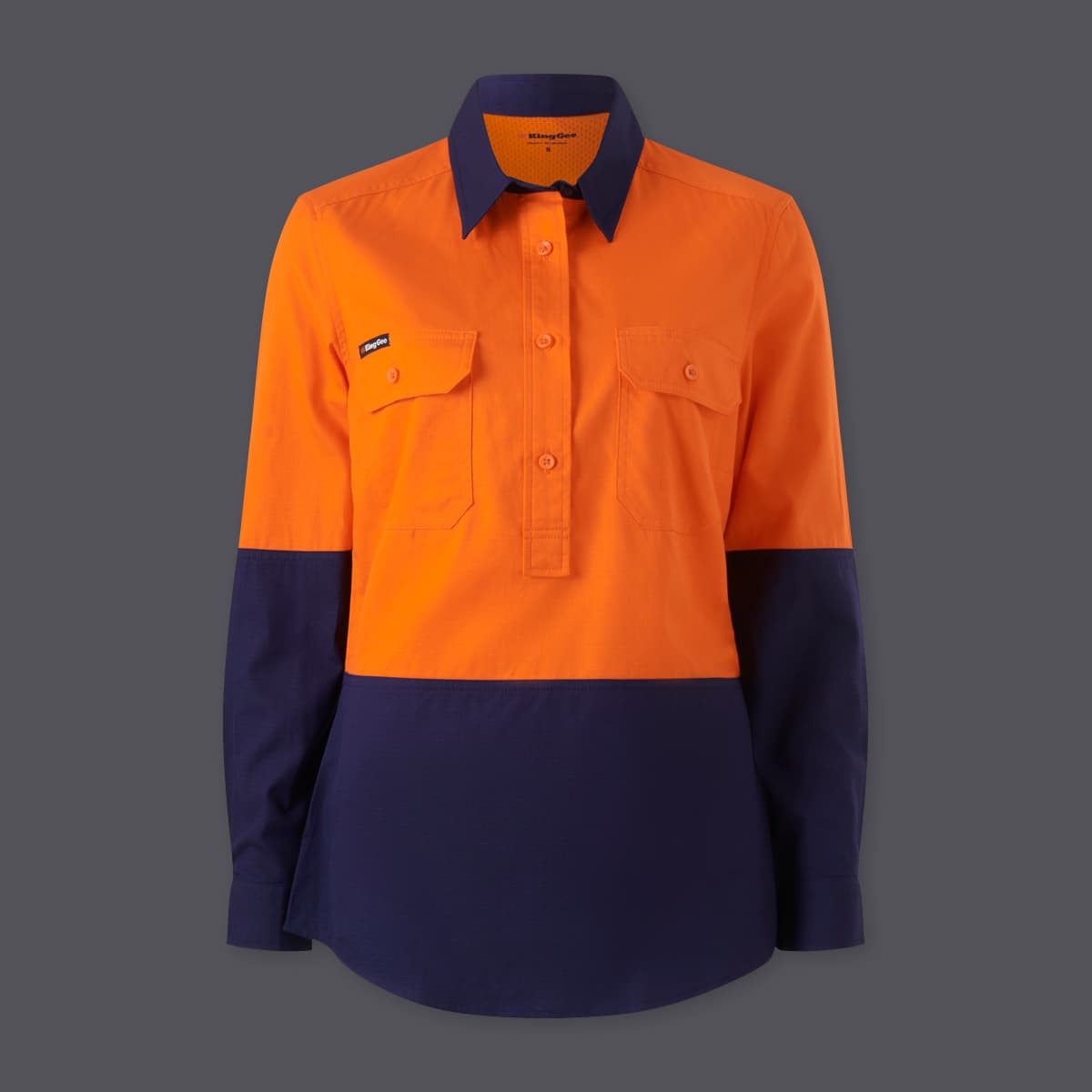 KingGee Womens Workcool Vented Closed Front Spliced Shirt (Orange/Navy)_1