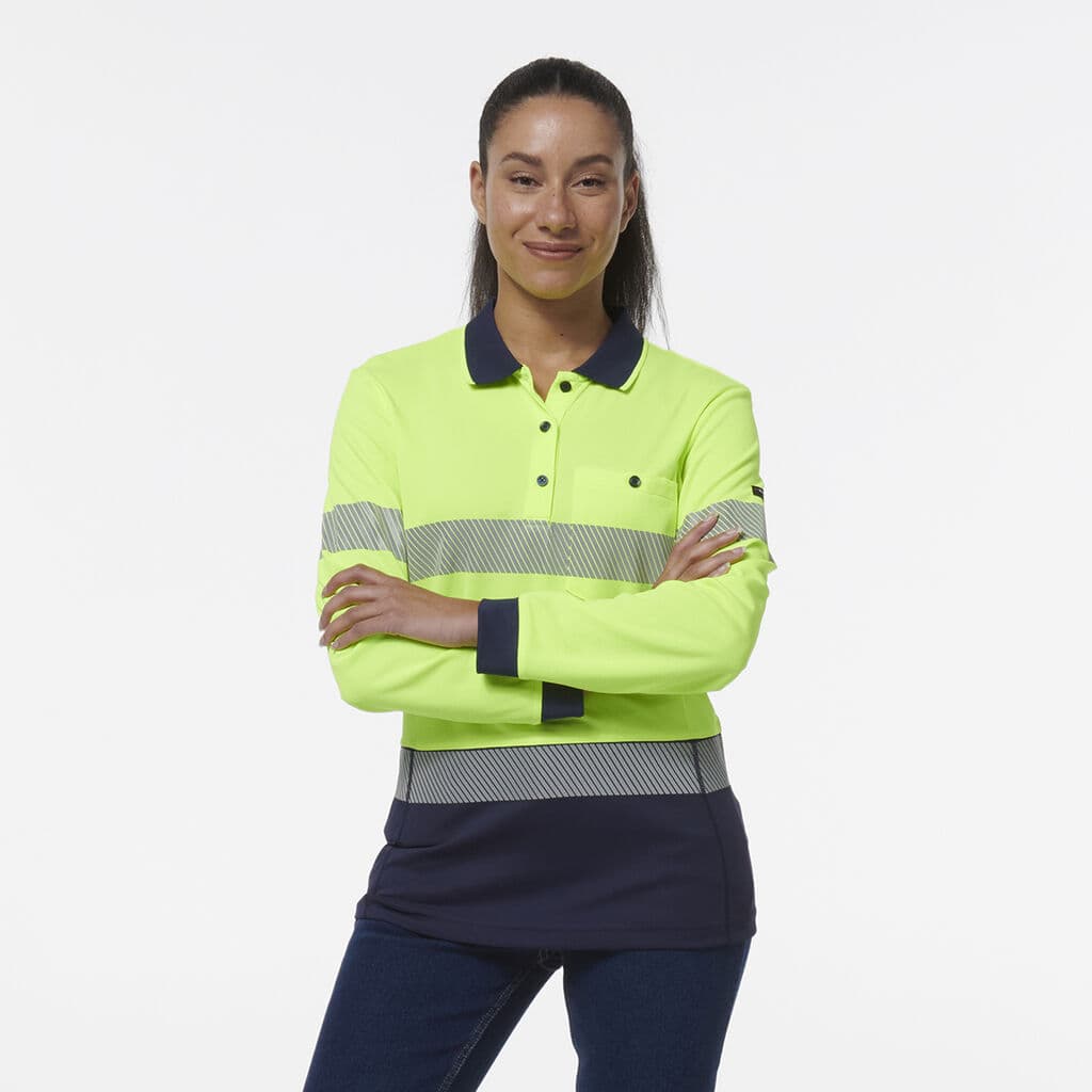 KingGee Womens Workcool Hyperfreeze Spliced Long Sleeve Polo With Segmented Tape (Yellow/Navy)_1