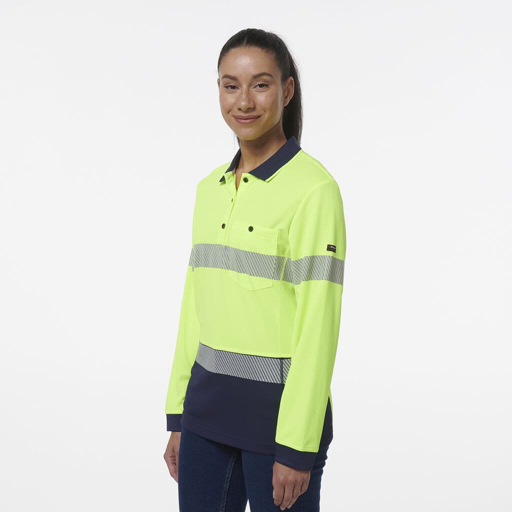 KingGee Womens Workcool Hyperfreeze Spliced Long Sleeve Polo With Segmented Tape (Yellow/Navy)_2