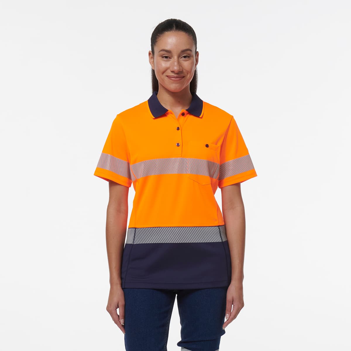 KingGee Womens Workcool Hyperfreeze Spliced Short Sleeve Polo With Segmented Tape (Orange/Navy)