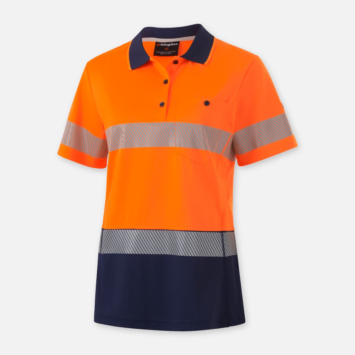 KingGee Womens Workcool Hyperfreeze Spliced Short Sleeve Polo With Segmented Tape (Orange/Navy)_2