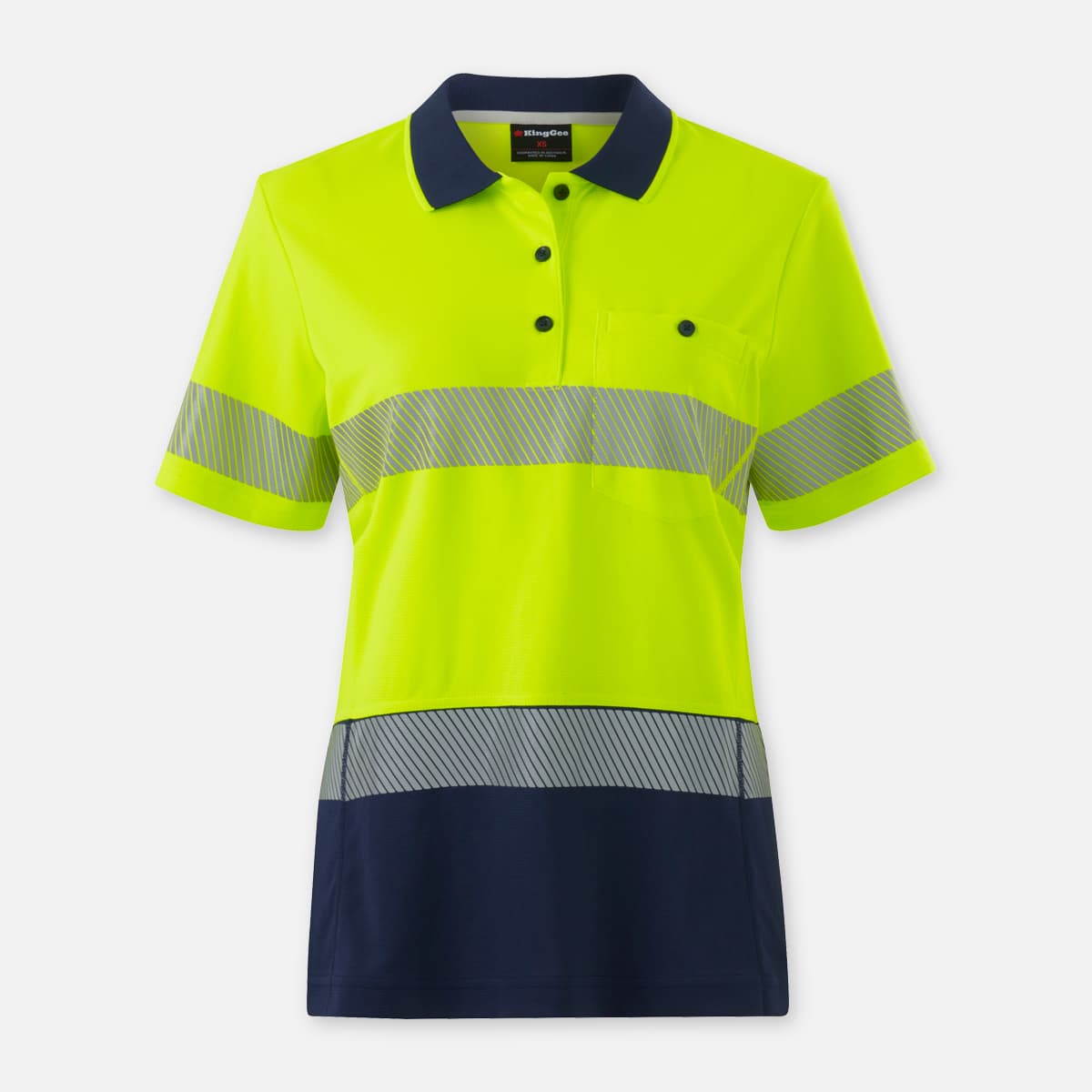 KingGee Womens Workcool Hyperfreeze Spliced Short Sleeve Polo With Segmented Tape (Yellow/Navy)