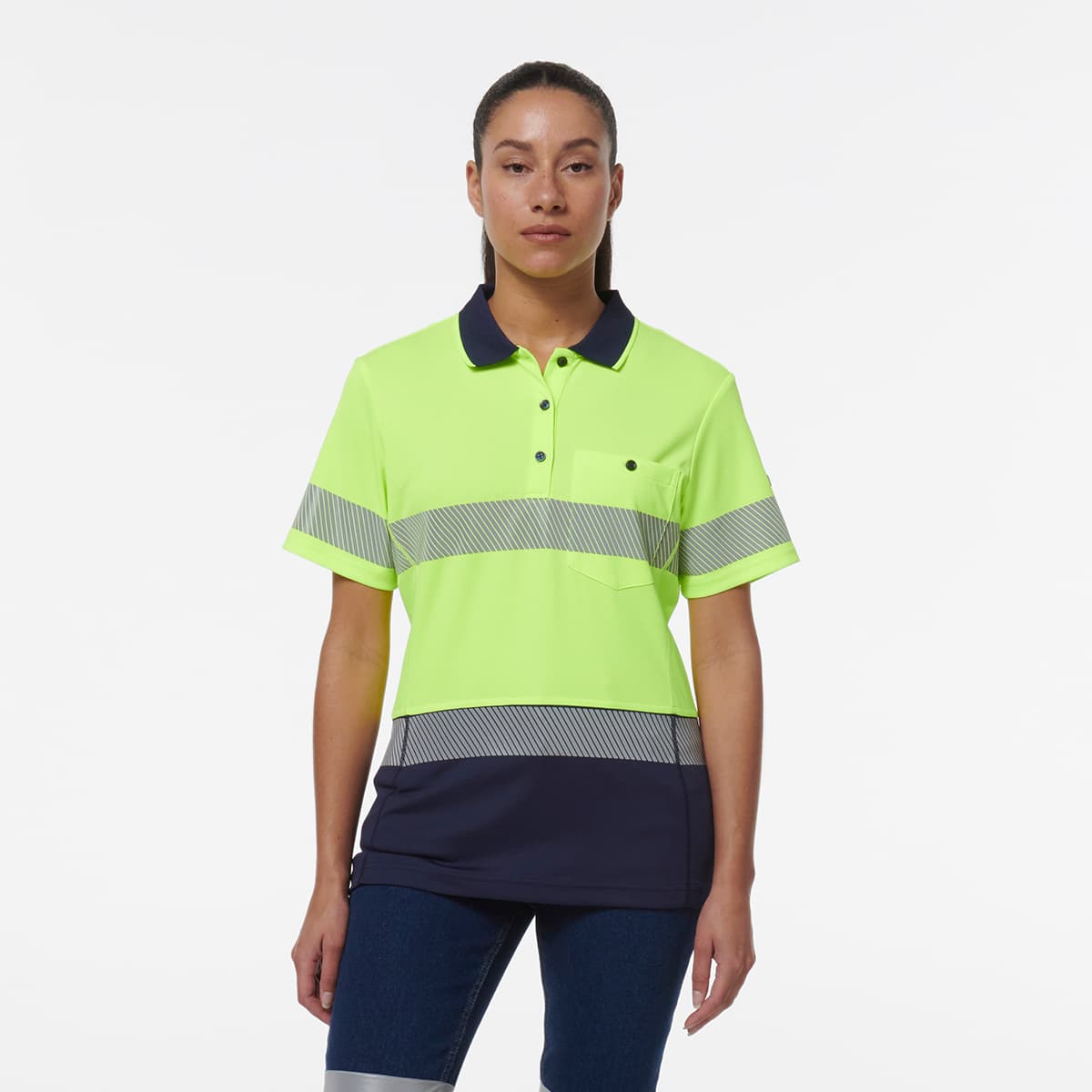 KingGee Womens Workcool Hyperfreeze Spliced Short Sleeve Polo With Segmented Tape (Yellow/Navy)_1