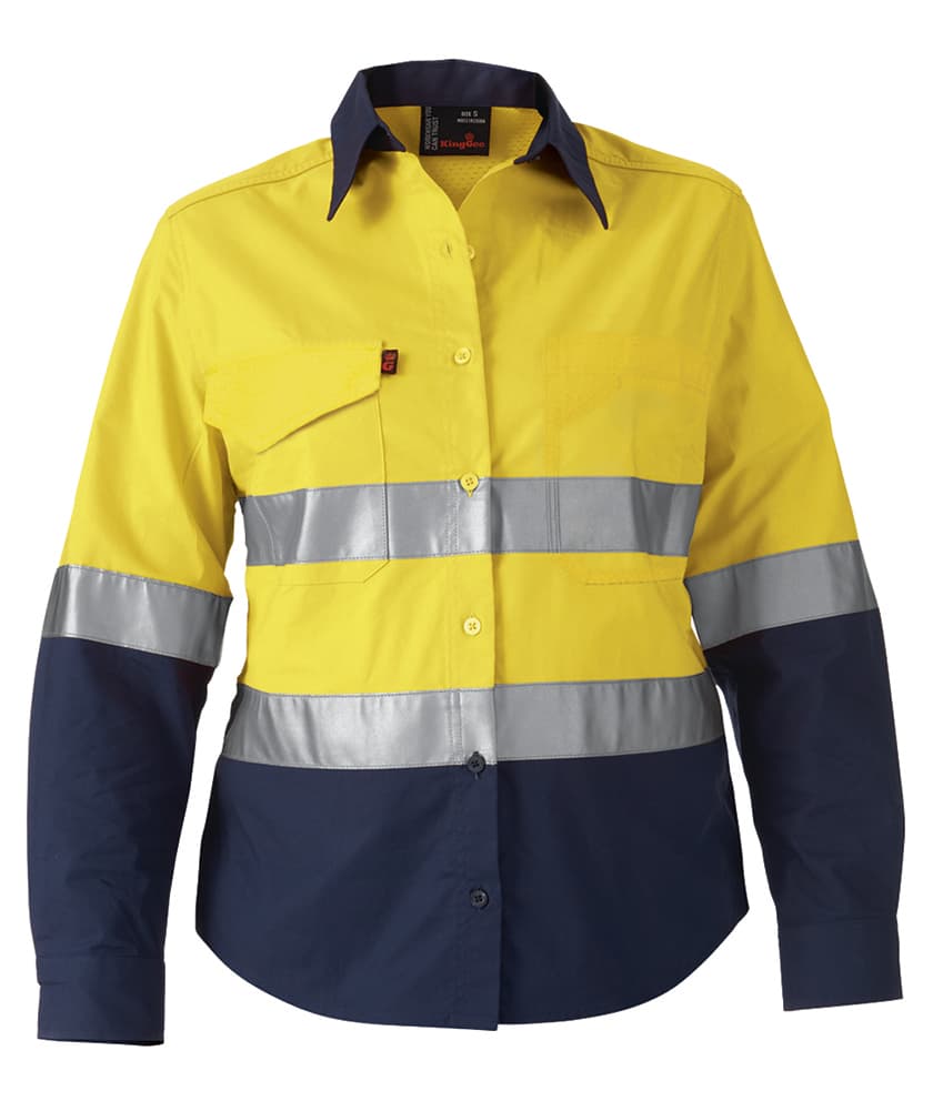 KingGee Workcool2 Womens Hi Vis Ref Spliced Shirt Long Sleeve (Yellow/Navy)