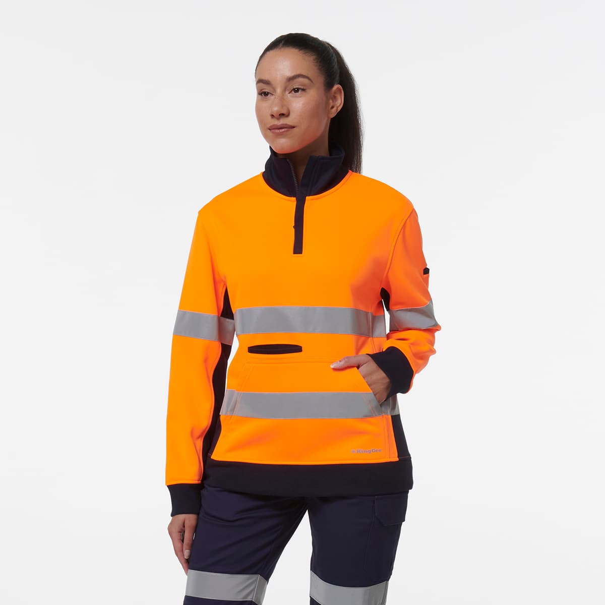 KingGee Women’s Reflective 1/4 Zip Fleece (Orange/Navy)_1