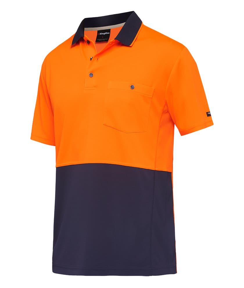 KingGee Mens Workcool Hyperfreeze Spliced Polo Short Sleeve (Orange/Navy)