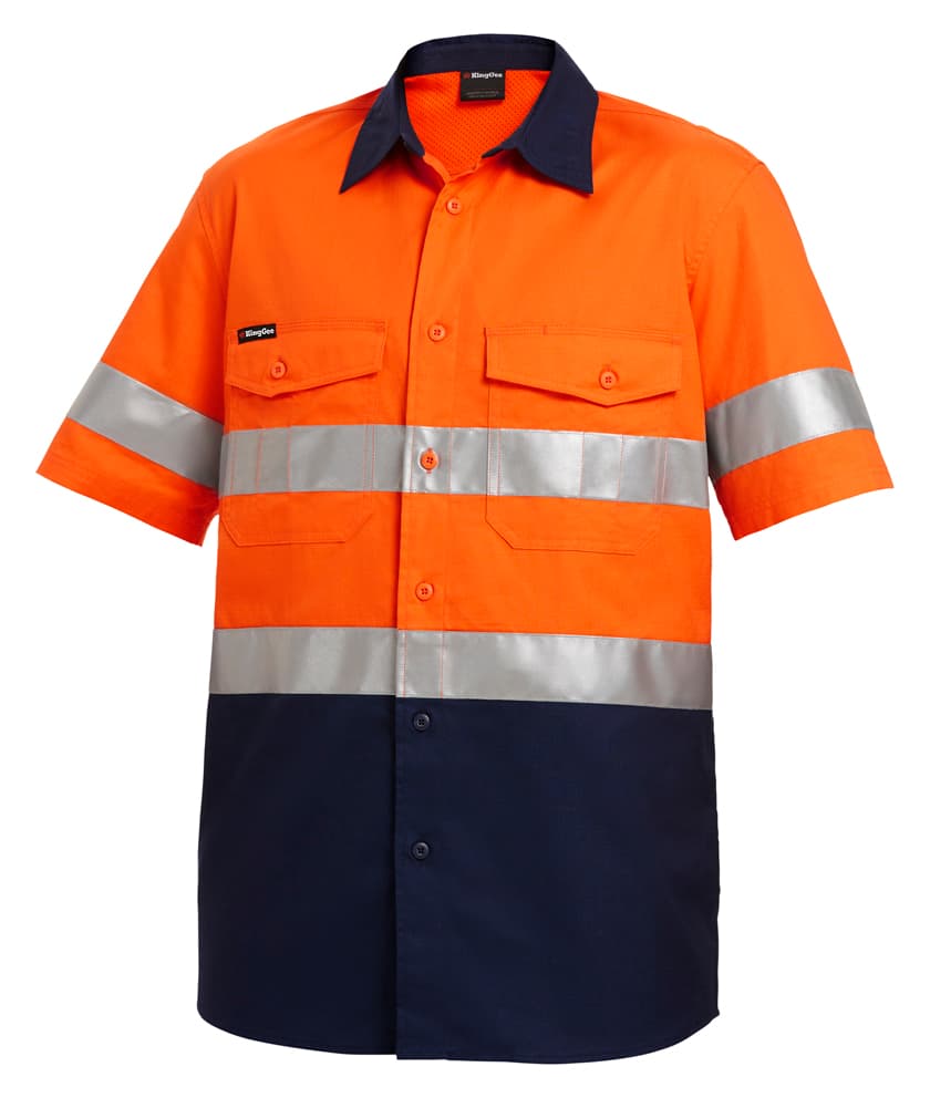 KingGee Mens Workcool2 Reflective Spliced Shirt Short Sleeve (Orange/Navy)