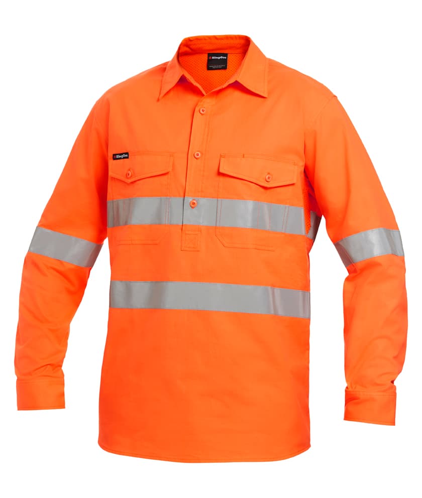 KingGee Mens Workcool2 Hi Vis Reflective Closed Front Shirt Long Sleeve (Orange)