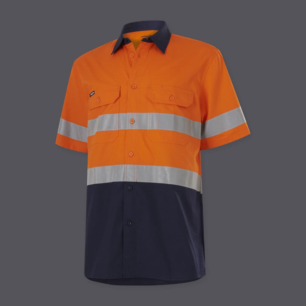 KingGee Mens Workcool Vented Spliced Shirt Taped Short Sleeve (Orange/Navy)