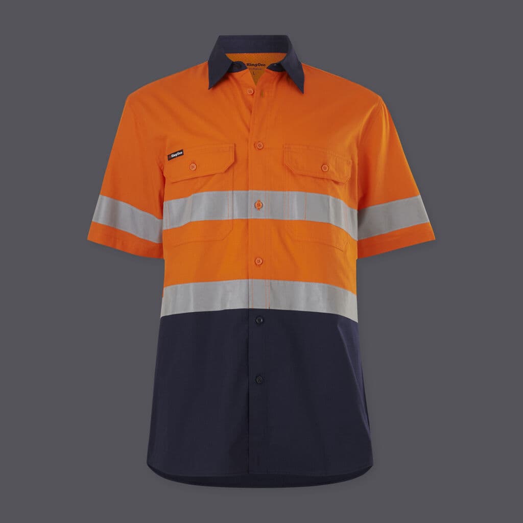 KingGee Mens Workcool Vented Spliced Shirt Taped Short Sleeve (Orange/Navy)_1