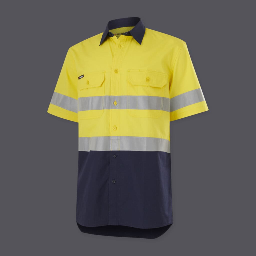 KingGee Mens Workcool Vented Spliced Shirt Taped Short Sleeve (Yellow/Navy)