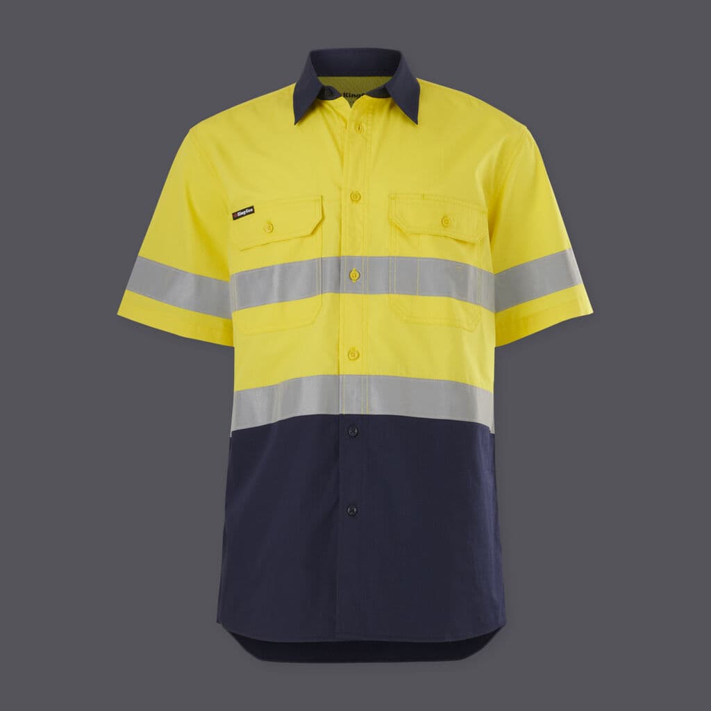 KingGee Mens Workcool Vented Spliced Shirt Taped Short Sleeve (Yellow/Navy)_1