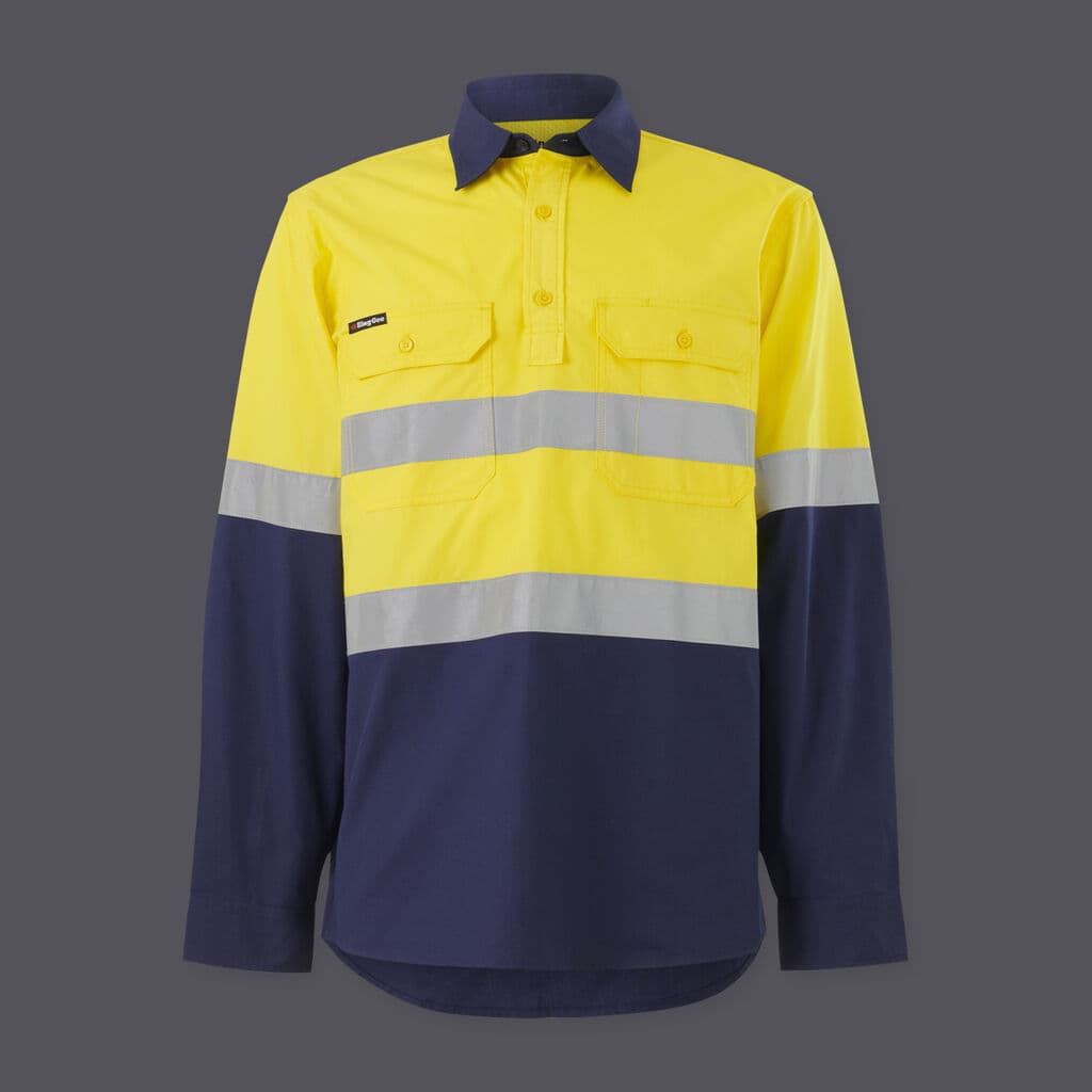 KingGee Mens Workcool Vented Closed Front Spliced Shirt Taped Long Sleeve (Yellow/Navy)