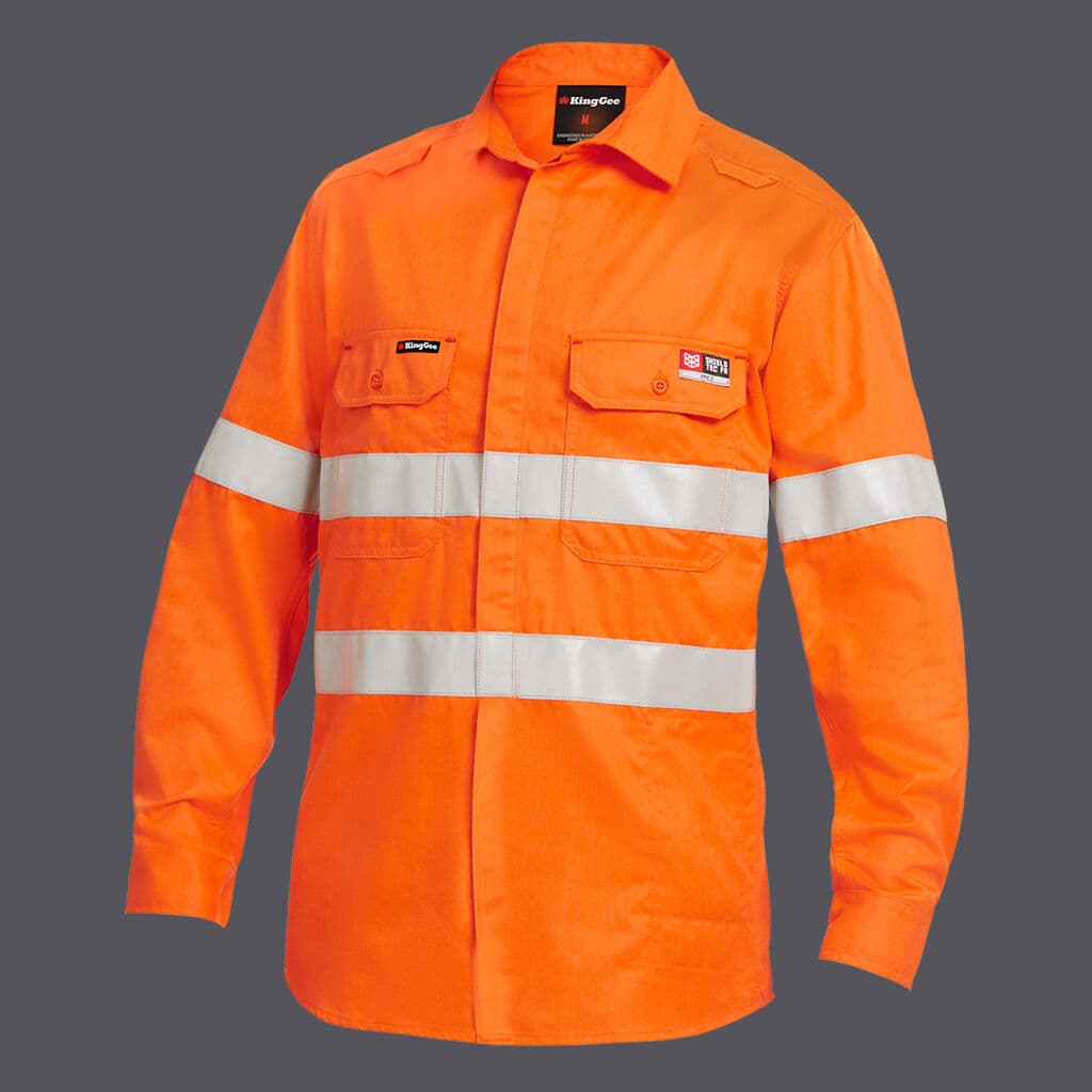 KingGee Mens Shieldtec Lenzing Fr Hi-Vis Spliced Open Front Taped Shirt (Orange)