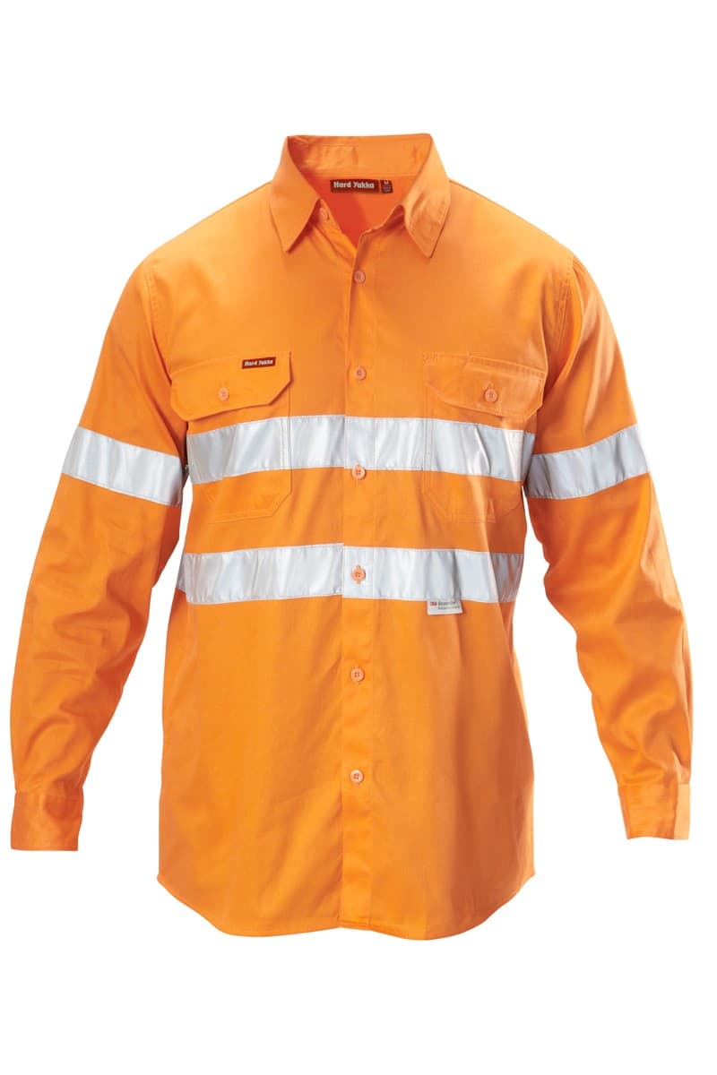 Hard Yakka Foundations Hi-Visibility Cotton Drill Long Sleeve Shirt With Tape (Safety Orange)