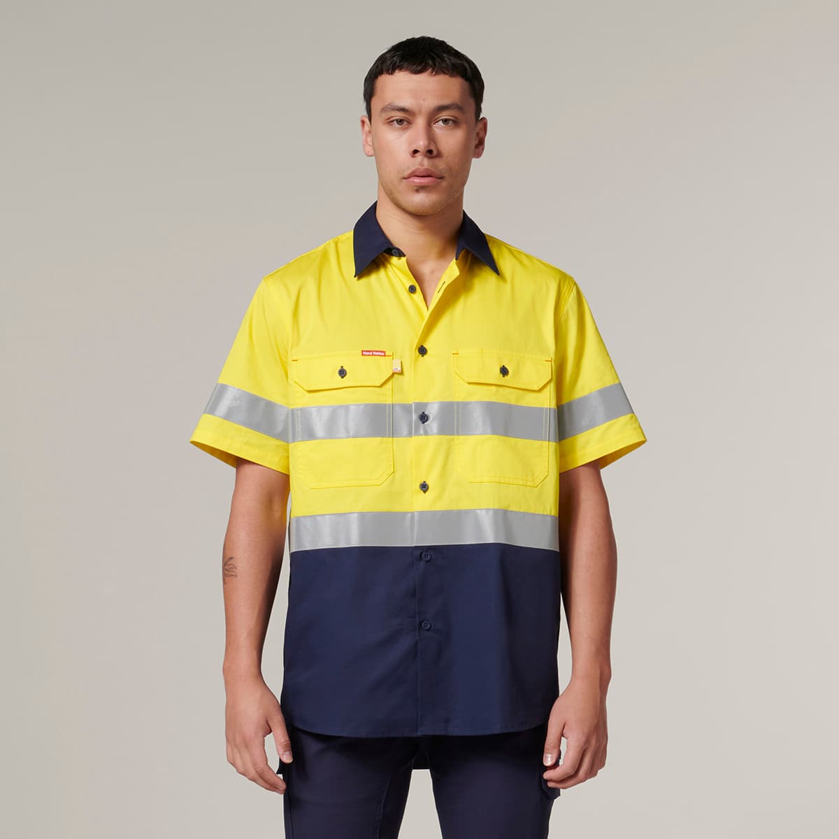 Hard Yakka Core Mens Short Sleeve Hi Vis 2 Tone Taped Vented Shirt (Yellow/Navy)