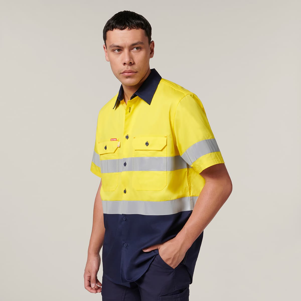 Hard Yakka Core Mens Short Sleeve Hi Vis 2 Tone Taped Vented Shirt (Yellow/Navy)_2