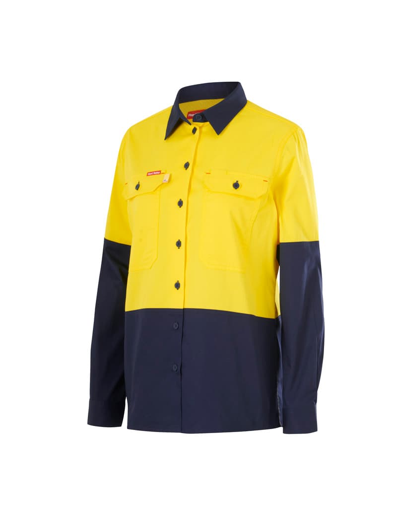 Hard Yakka Core Womens Long Sleeve Hi Vis 2 Tone Vented Shirt (Yellow/Navy)_1