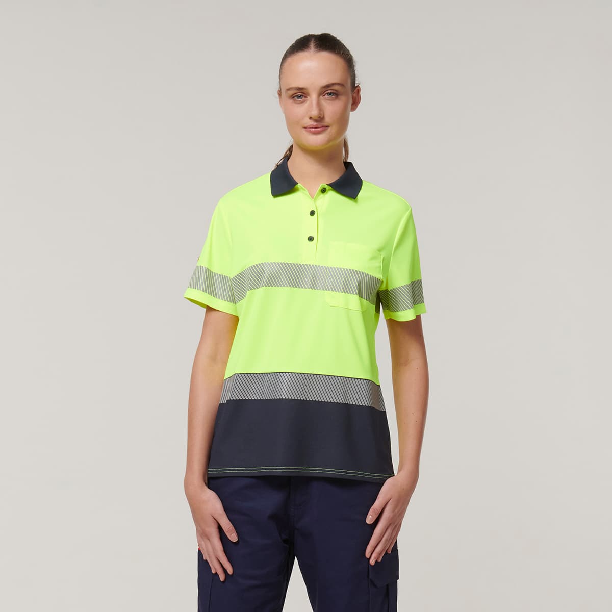 Hard Yakka Womens Short Sleeve Hi Vis Taped Polo (Yellow/Navy)