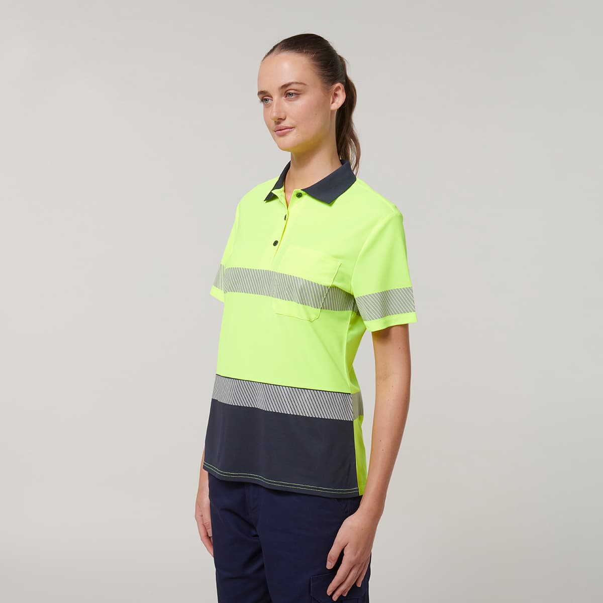 Hard Yakka Womens Short Sleeve Hi Vis Taped Polo (Yellow/Navy)_3