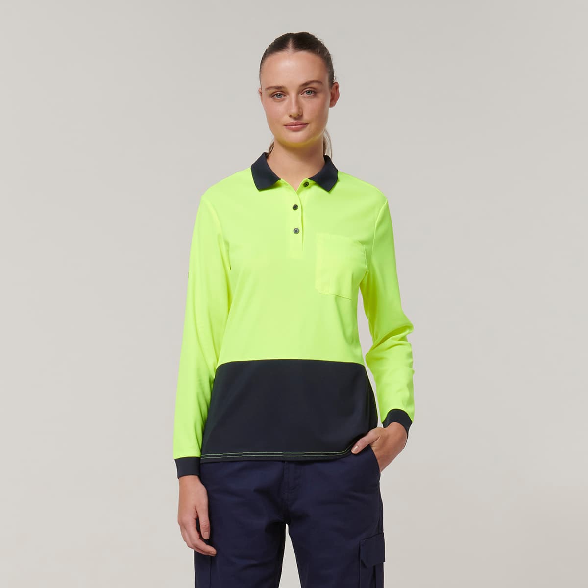 Hard Yakka Womens Long Sleeve Hi Vis Polo (Yellow/Navy)_1