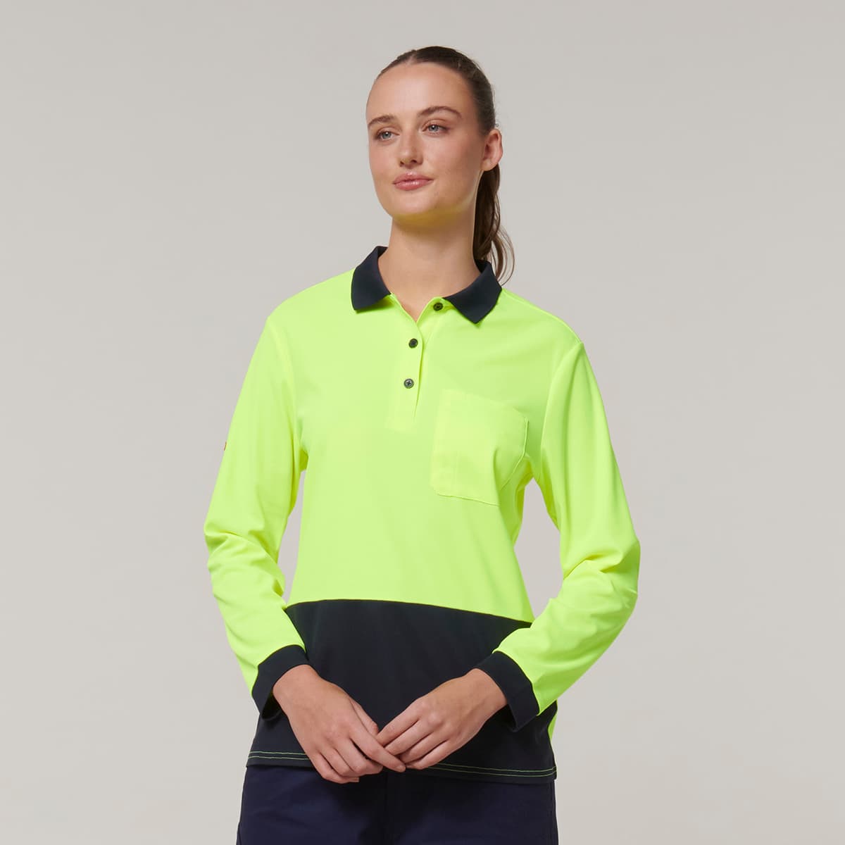 Hard Yakka Womens Long Sleeve Hi Vis Polo (Yellow/Navy)_2