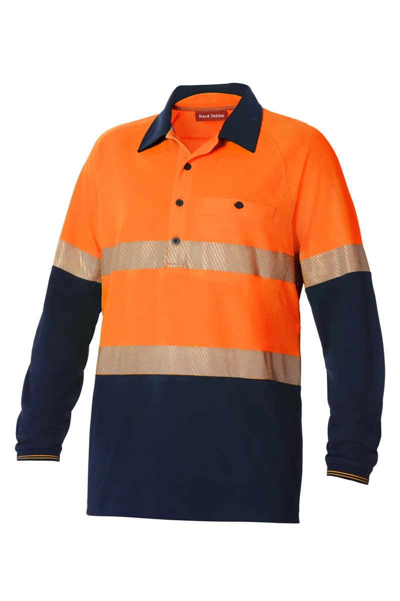 Hard Yakka Koolgear Hi-Visibility Two Tone Long Sleeve Ventilated Polo With Segmented Tape (Orange Dark Navy)