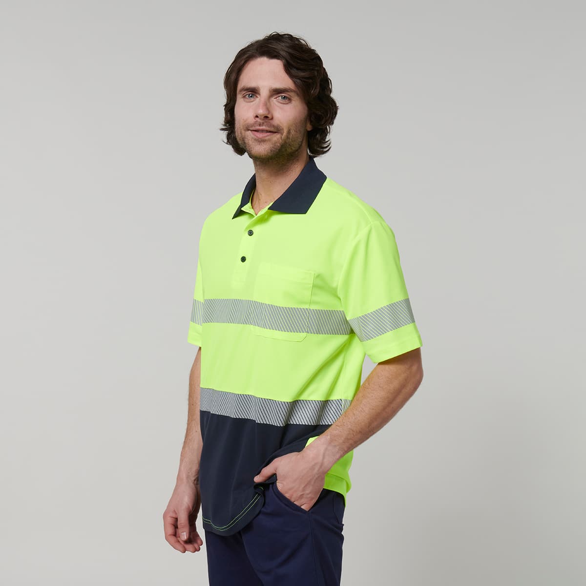 Hard Yakka Mens Short Sleeve Hi Vis Taped Polo (Yellow/Navy)_3