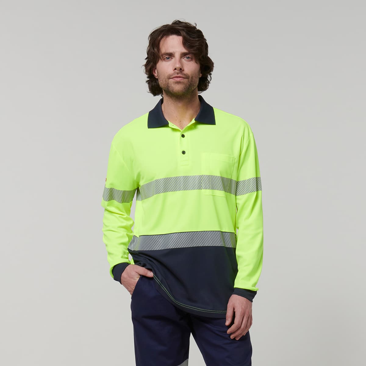 Hard Yakka Mens Long Sleeve Hi Vis Taped Polo (Yellow/Navy)_1