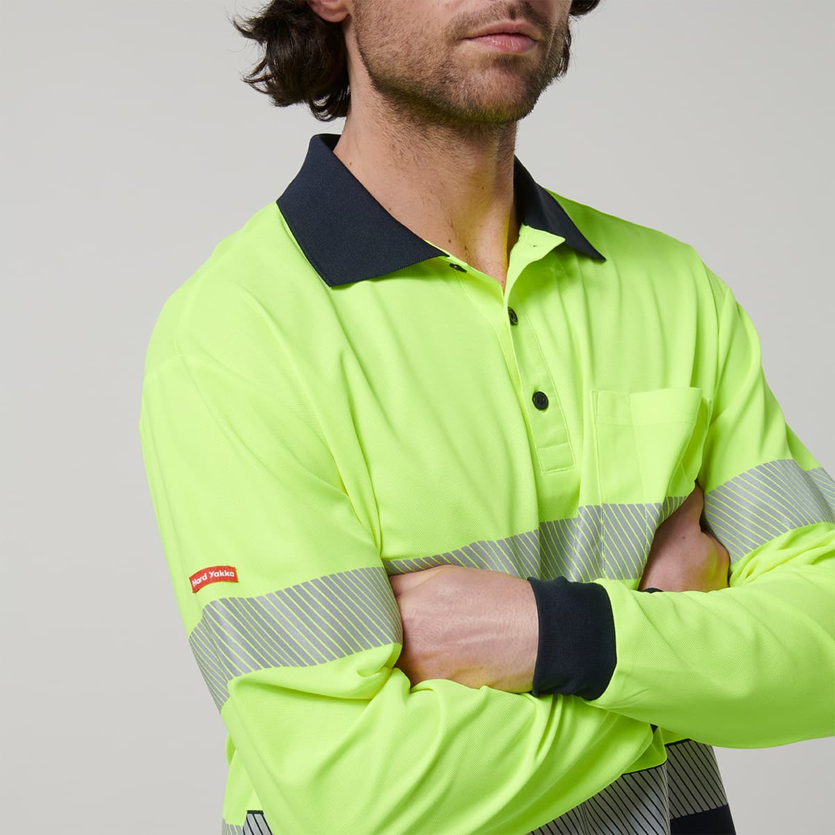 Hard Yakka Mens Long Sleeve Hi Vis Taped Polo (Yellow/Navy)_6